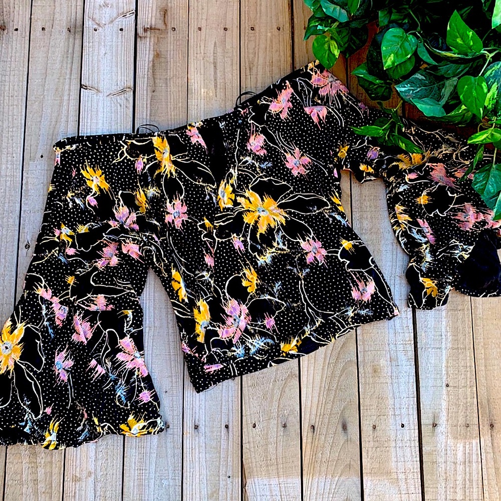 FREE PEOPLE | FLORAL MIXED PRINT Y2K 90s OFF THE SHOULDER TOP